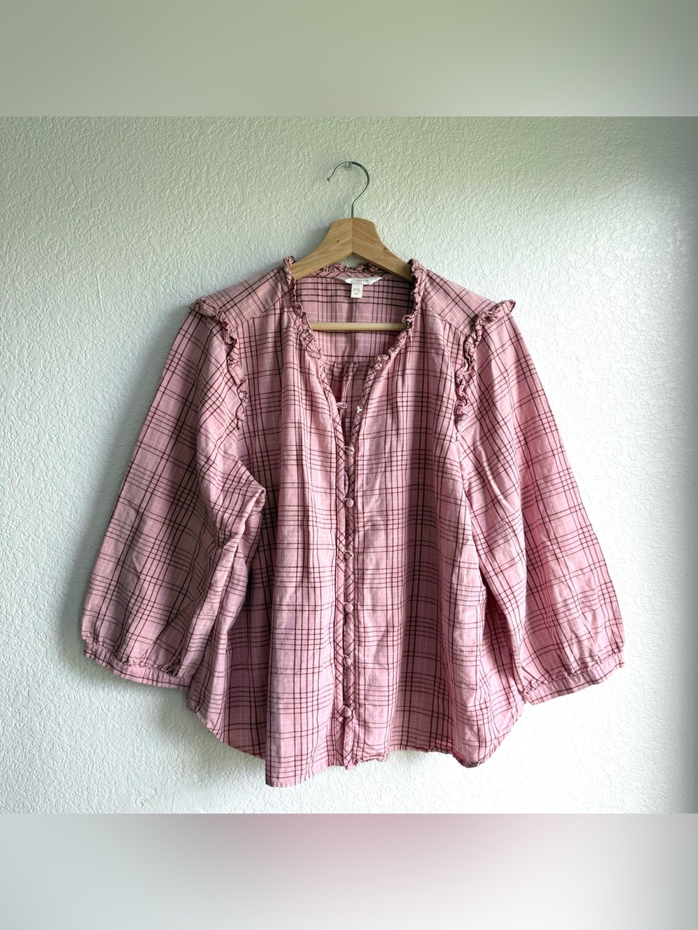LC Lauren Conrad Womens Shirt Blouse Pink Plaid Ruffle 3/4 Sleeve Size XXL